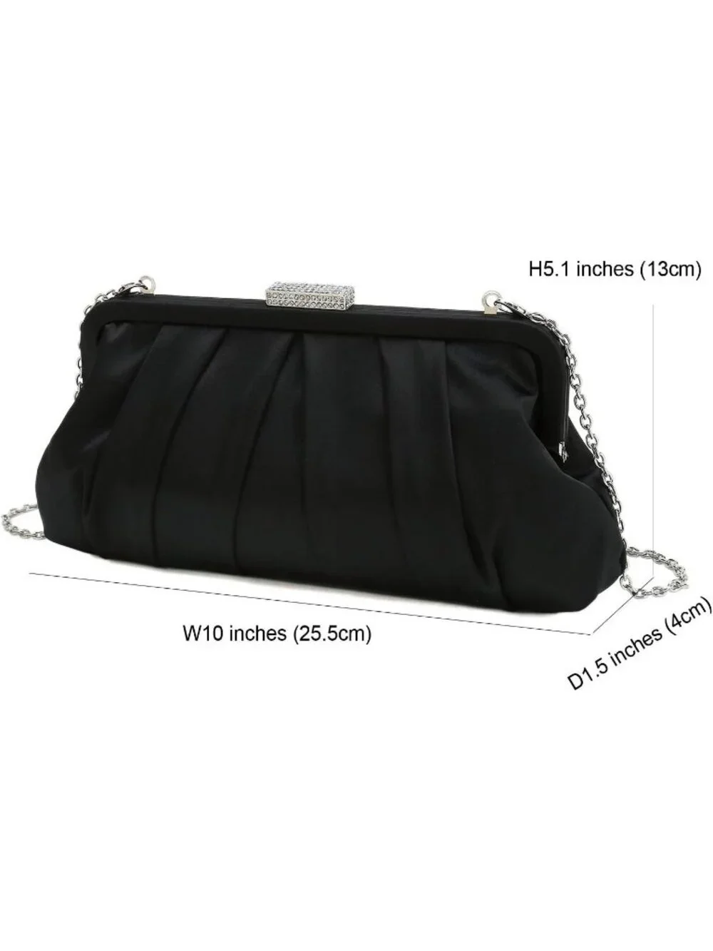 Women's Black Classic Pleated Satin Clutch Purse Diamante Formal Evening Bag